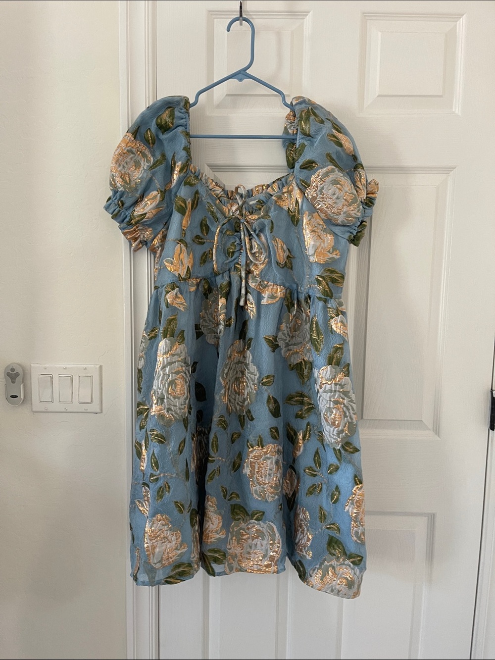 JessaKae Blue Floral Puff-Sleeve Mini Dress with Gold Rose Detail